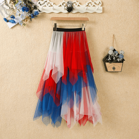 Women's Tulle Skirts High Low Layered Puffy Fairy Skirts Midi Length Irregular Tutu Skirt Red-white-blue M