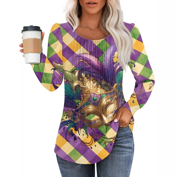 Mardi Gras Shirts Womens Sequins Carnival Crew Neck Tunic Tops Glitter Long Sleeve Green Graphic Tee Purple M