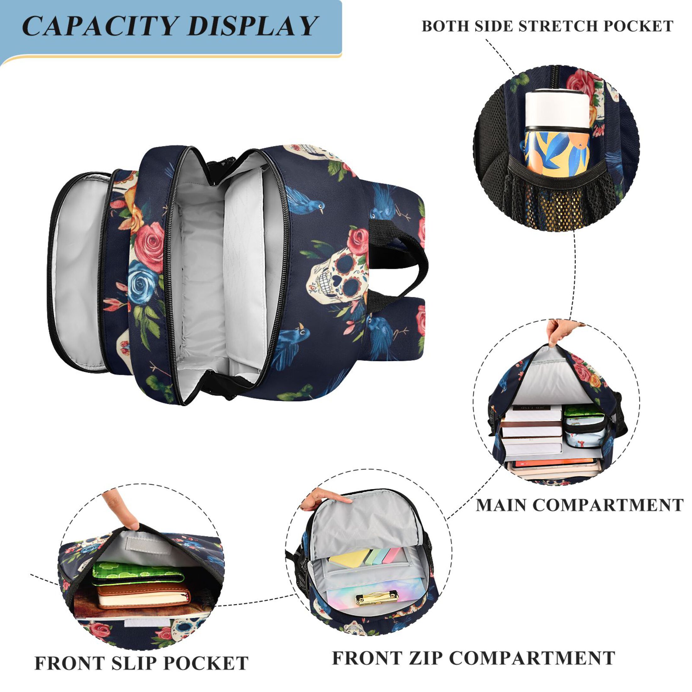 ALAZA Skulls Roses Laptop Backpack Purse Travel Bag Casual School Bookbag Rucksack for Women Men