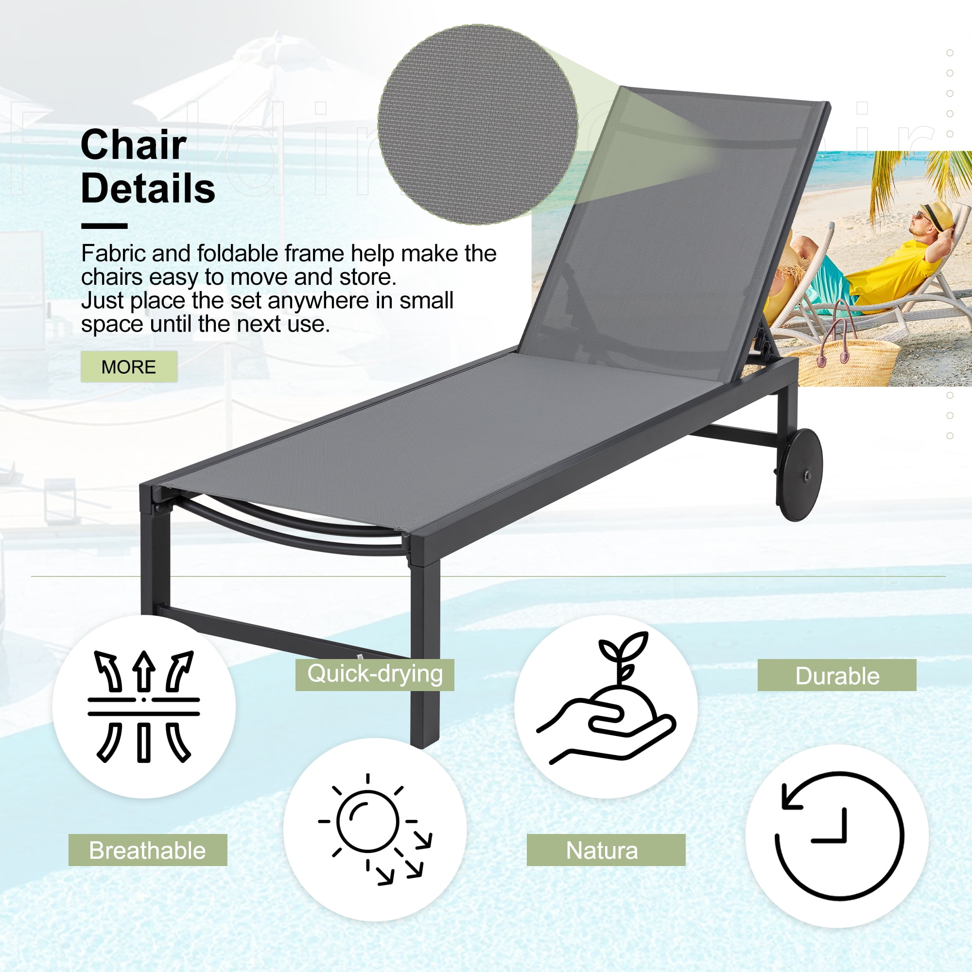 Walsunny 2pcs Patio Outdoor Chaise Lounge Chair with Wheels for Outside Aluminum Adjustable Angle Lounge Chair Set（Light Gray）
