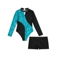 thumbnail image 3 of Yeahdor Kids Girls Long Sleeves Gymnastics Skating Leotard Unitard with Shorts Bottom Set Performance Dancewear Green&Black 6, 3 of 6
