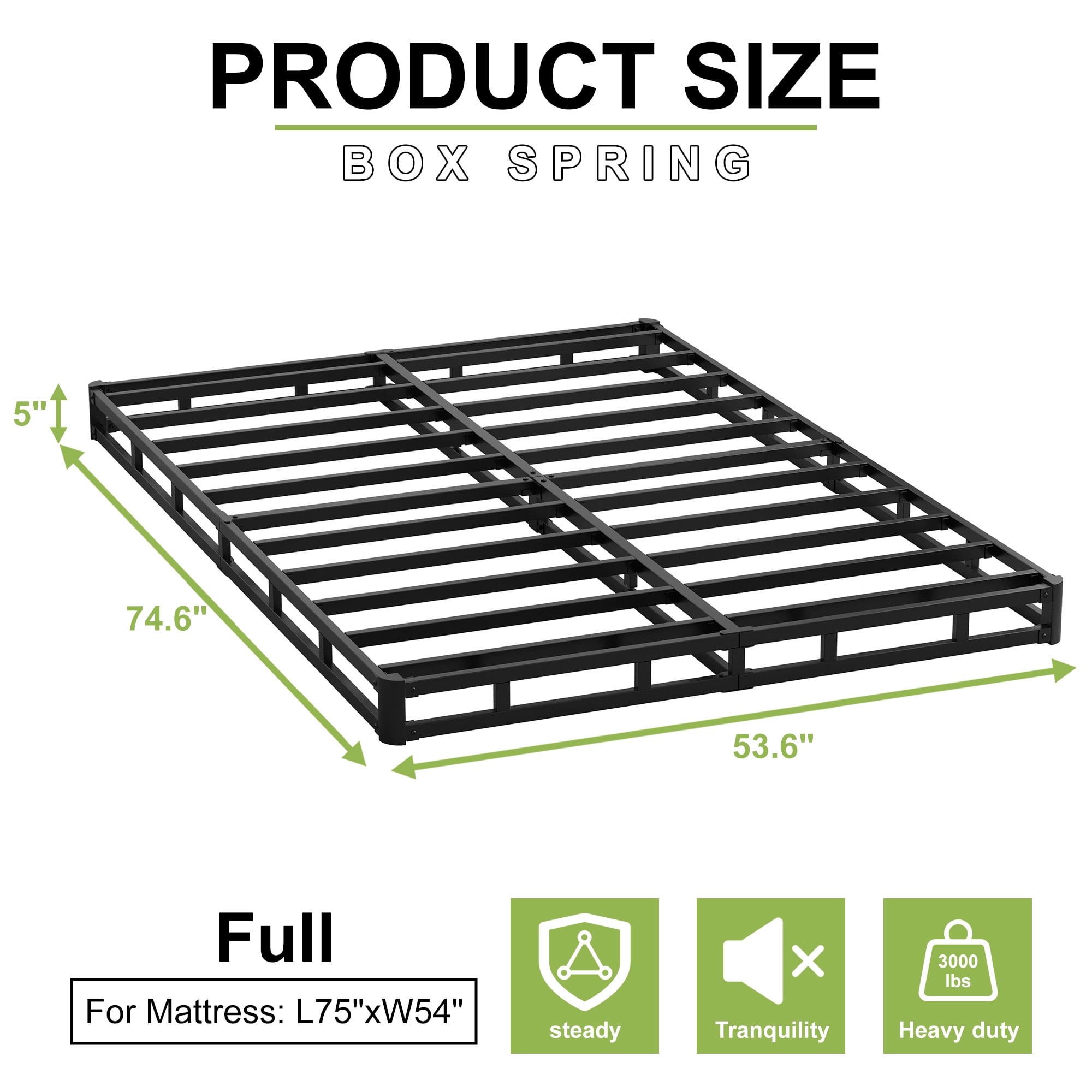 Napcenter 5 inch Full Size Box Spring, Mattress Foundation, Heavy Duty Metal, Included Fabric Cover, Noise Free, Easy Assembly