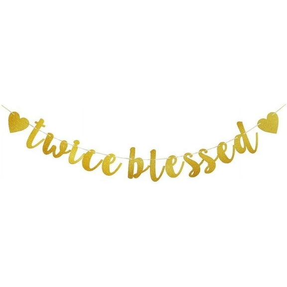Twice Blessed Banner, Gold Glitter Paper Sign For Twins Baby Shower Party Decoration Supplies