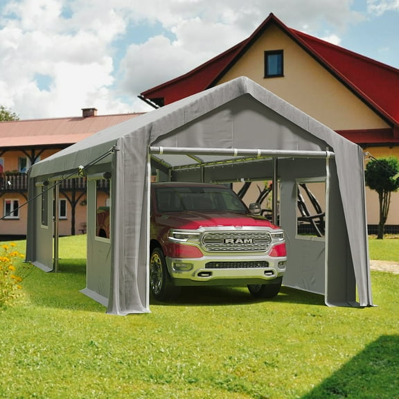 2024 Summer New Carport Canopy 10'x20', 12'x20' and 13'x20' Heavy Duty Portable Garage with 4 Roll-Up Doors and 4 Windows Waterproof Canopy for Car, Truck, Boat