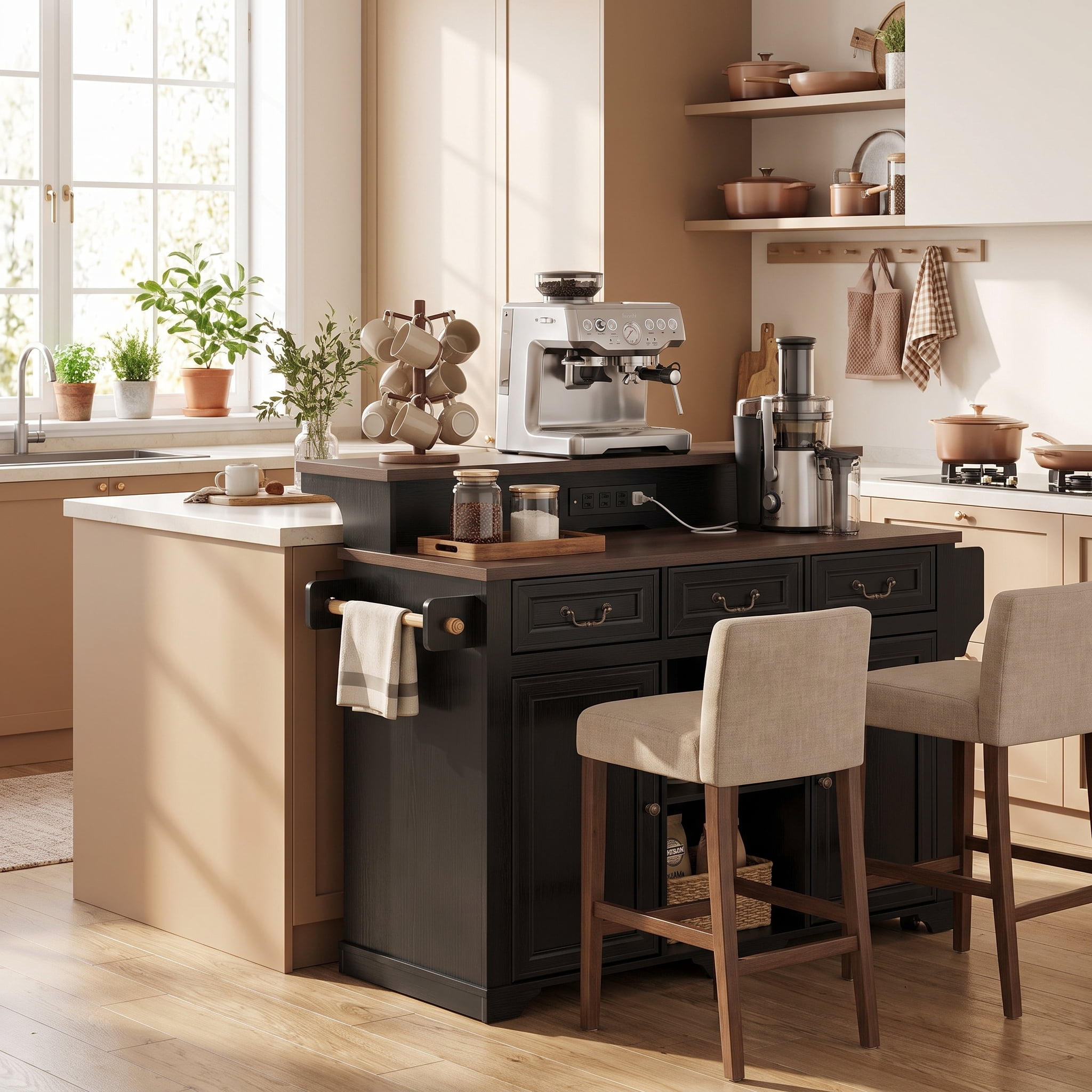 Homy Casa 52" Rolling Kitchen Island Cart with Power Outlet, Raised Bar, Drawers & Shelves, Black