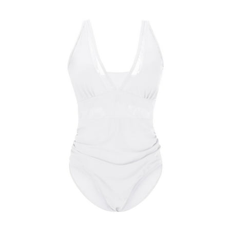 Bathing Suit for Women V-Neck Tummy Control One Piece Ladies Summer Beach Fashion Split Leaf Flower Print Large Swimsuit Swim Suits Trendy 2025 White