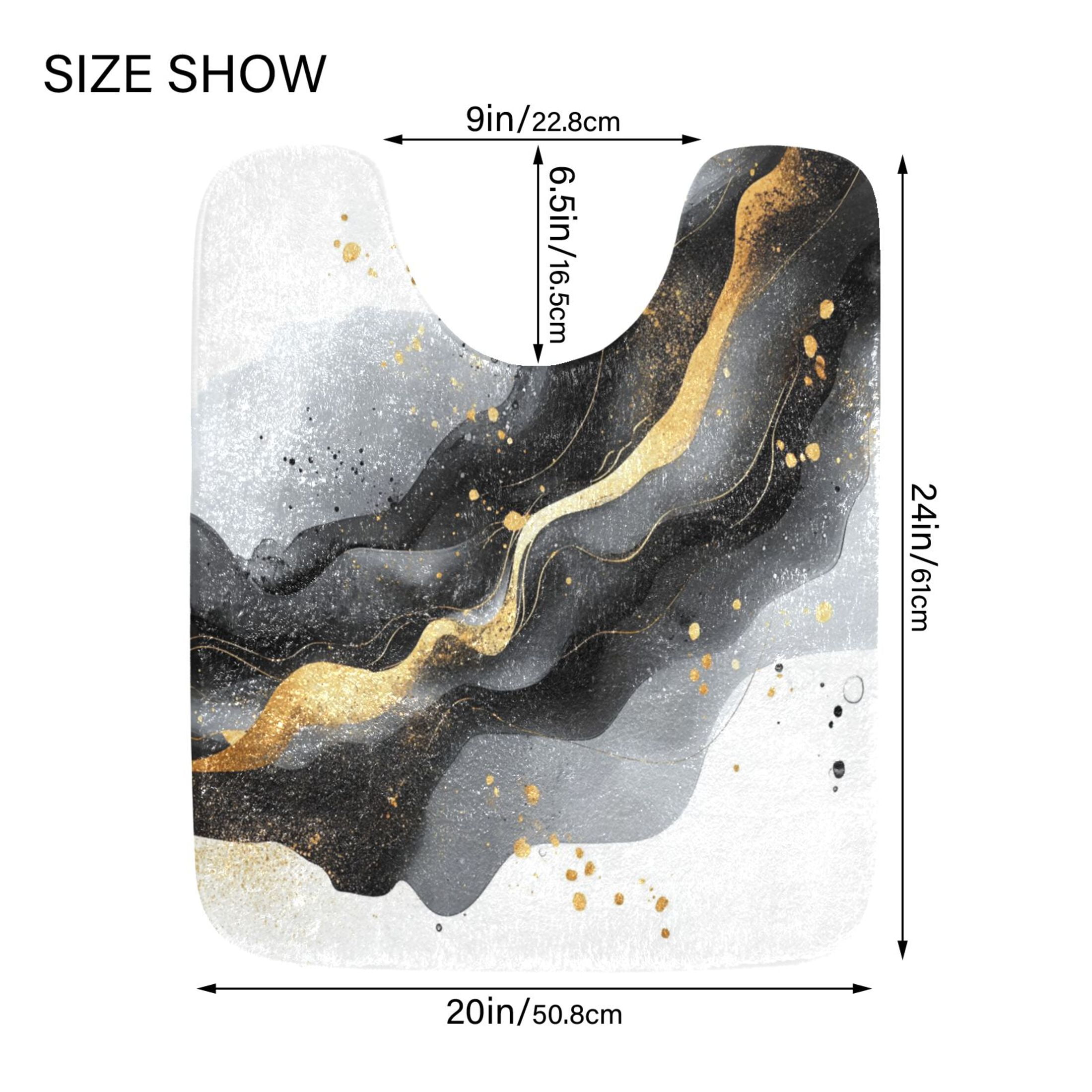 2 Piece Soft Bathroom Rug Set Black and Gold Shapes Bath Mat and U-Shaped Toilet Contour Rug (16"x24"+20"x24")
