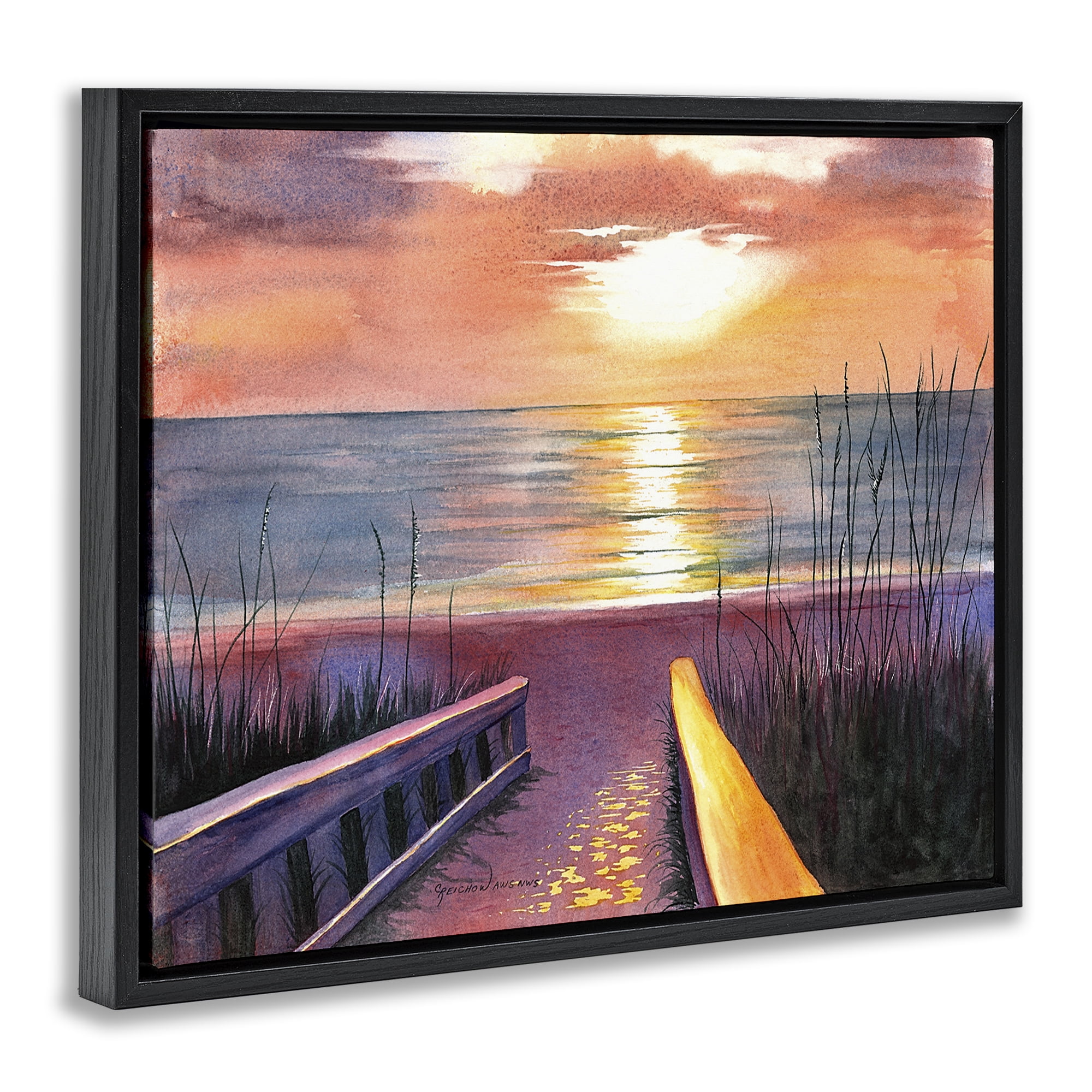 Stupell Industries Sea Sunset Reflection Landscape Painting Black Floater Framed Canvas Art Print Wall Art, 21 x 17