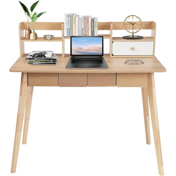 39 in Wooden Desk with Hutch, Home Office Computer Desk with Drawers & Storage Shelves, Study Work Writing Desk with Shelf for Bedroom, Modern Cute PC Desks Table for Work Study
