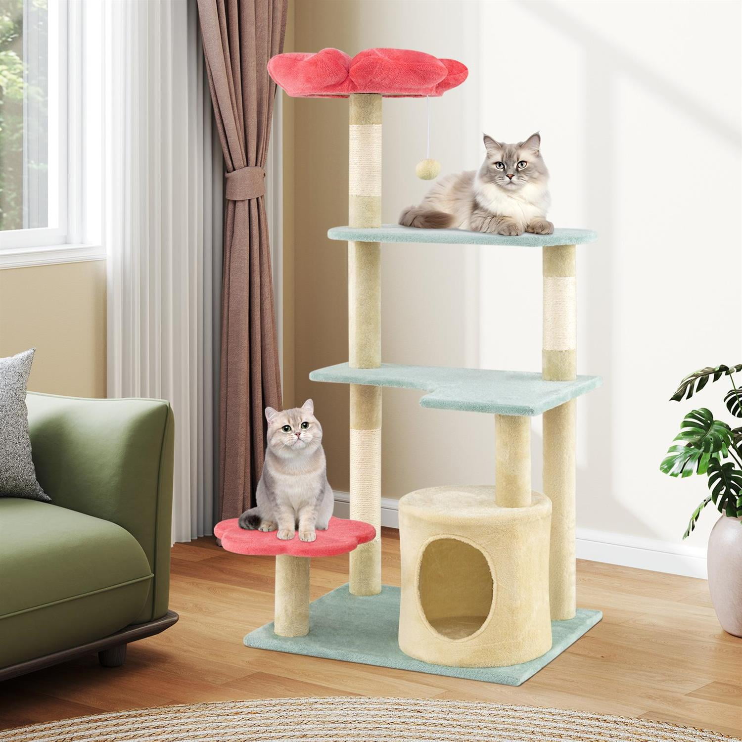 Pefilos 49" Tall Floral Kitten Tower, Flower-shaped Plush Perch, Condo & Sisal Scratching Posts, Blue