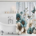 thumbnail image 3 of Teal Tulip Butterfly Shower Curtain, Waterproof Shower Curtains for Bathroom, Beige Turquoise Floral Blue Coastal Washable Fabric Bathtub Curtain Set Bath Decor with 12 Hooks Extra Long 72"x96", 3 of 8