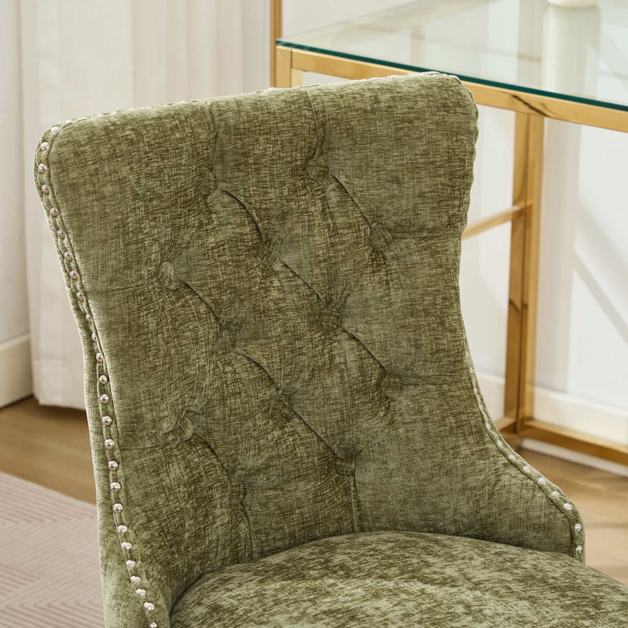 MAYEERTY Modern Chenille Office Chair - Tufted Buttons, Chrome Metal Base, Adjustable Swivel, Green