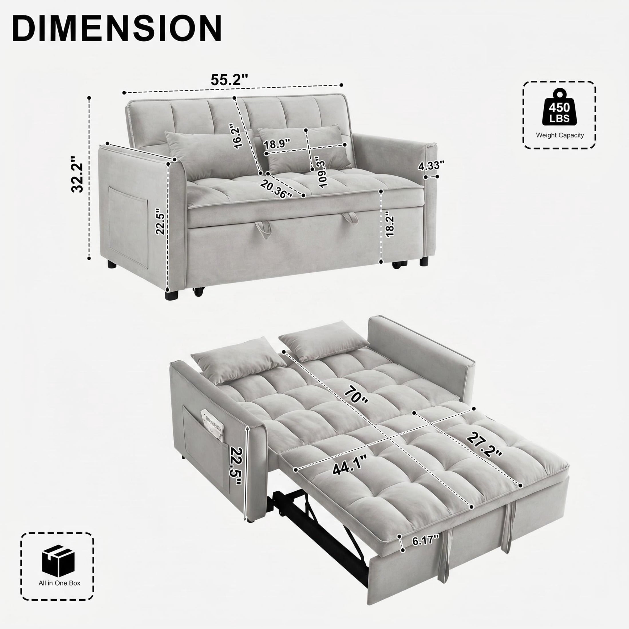 AISWORD Convertible Sofa Bed, 3 in 1 Pull Out Sleeper Loveseat Couch with Storage, Gray