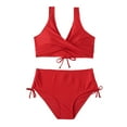 thumbnail image 4 of Women's Bikini Set Solid Color Strappy One Shoulder High Waist Sexy Two Piece Swimsuit for Beach Vacation,Red,XL, 4 of 7