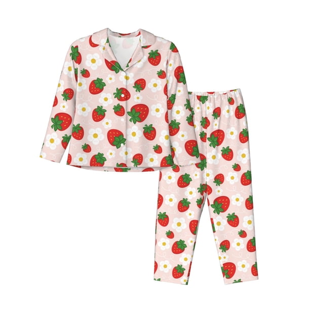 Balery Strawberry Floral Conjunto de Pijama con Estampado para Mujer, Conjunto de Dos Piezas con Manga Larga, Ropa de Dormir Suave con Bolsillos, Pijamas Cómodos-XX-Large
