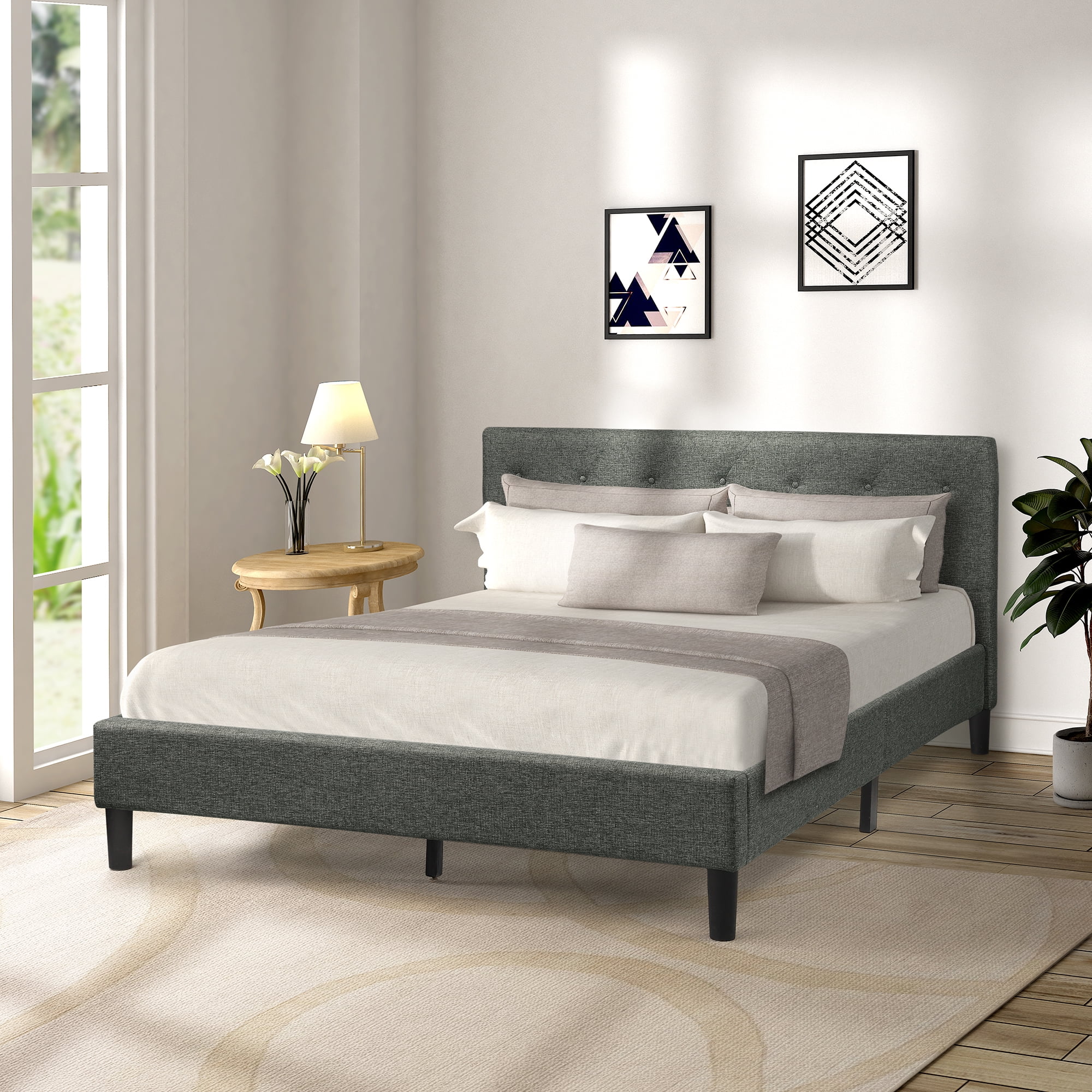 Clearance! Queen Bed Frame with Headboard, Modern Fabric Upholstered