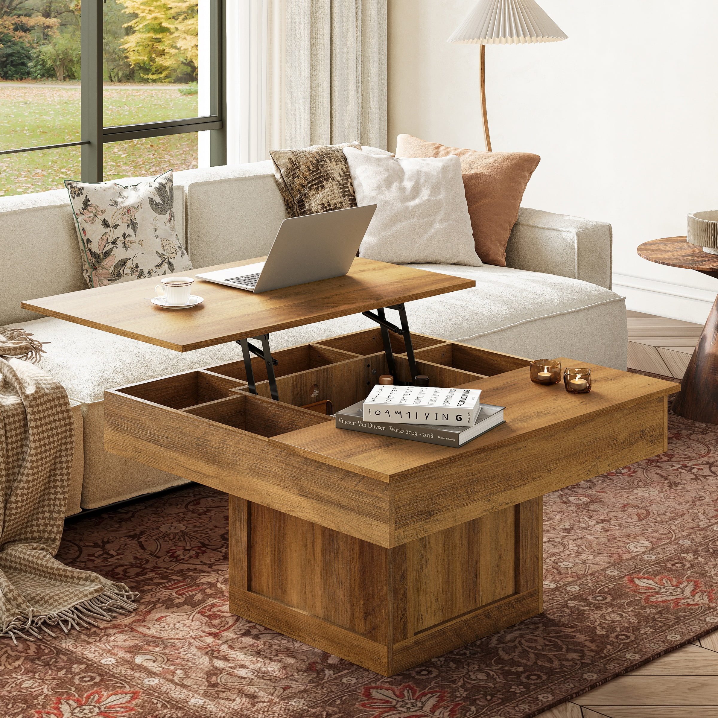GUNAITO Lift Top Coffee Table with LED Lights, Modern Farmhouse Center Table with Storage, 31.5''Hx31.5''Wx19''D, Light Brown