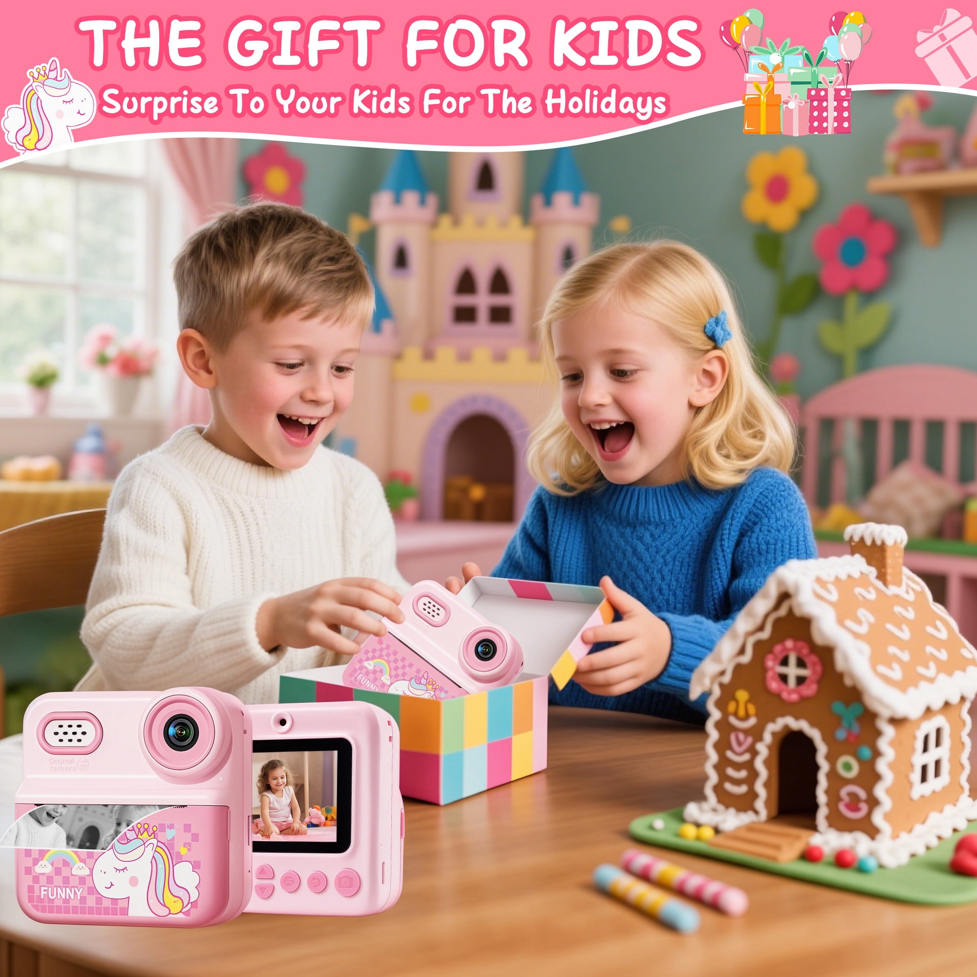 ALLJOY Instant Print Kids Camera with 64GB SD Card 1080P HD Digital Video Camera Toy for Toddler Kids, Christmas Birthday Gift for Girls Ages 3-12