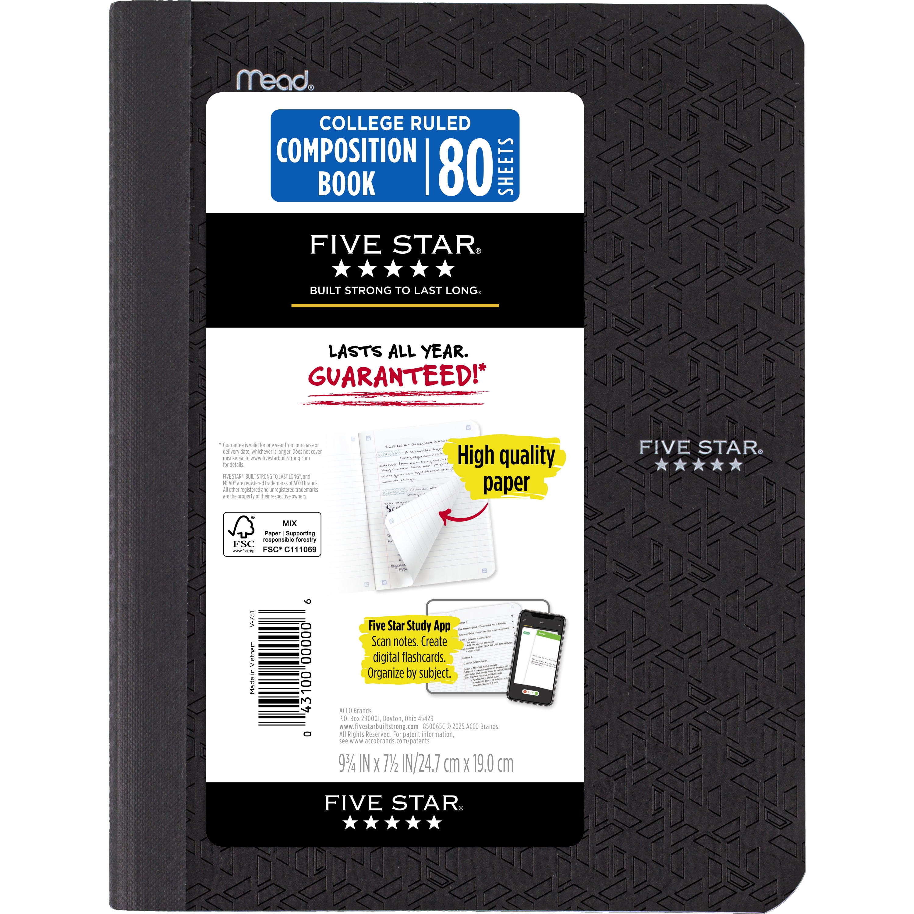 (2 pack) Five Star Composition Book Plus Study App, College Ruled, 80 Sheets, Poly, 7.5" x 9.75", Black