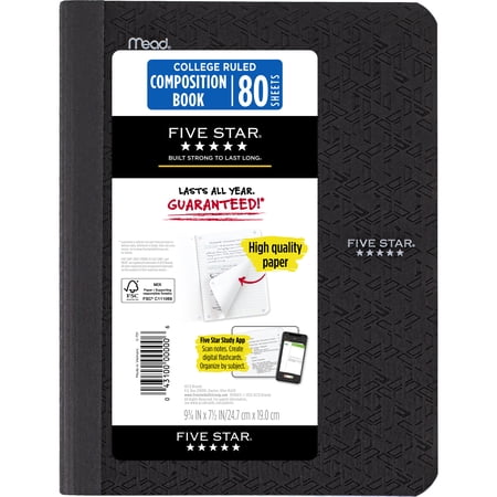 Five Star Composition Book Plus Study App, College Ruled, 80 Sheets, Poly, 7.5" x 9.75", Black