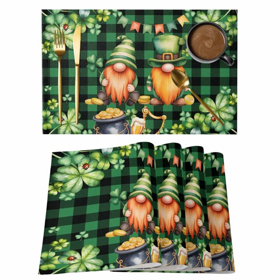 St. Patrick's Day Placemats Set of 12, Cute Gnomes Lucky Shamrocks Green Black Plaid Placemats for Dining Table, Place Mats for Kitchen Tabletop, Waterproof Wipeable Dining Table Mats Set