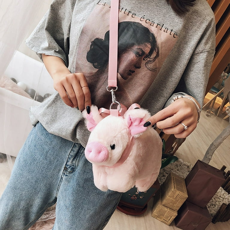 Cute Pig Shoulder Bag Plush Stuffed Animal Crossbody Bags Women Fashion Winter Soft Purse Cartoon Handbags Phone Storage Purse Pink
