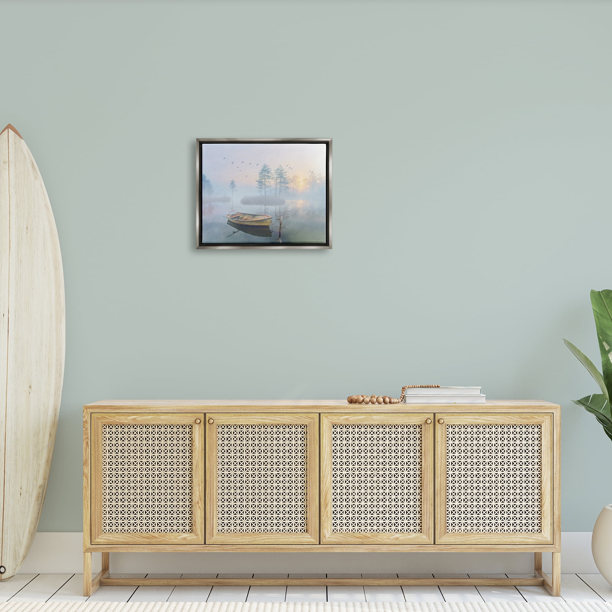 Stupell Dinghy Boat Foggy Pond Reflection Landscape Painting Gray Floater Framed Art Print Wall Art