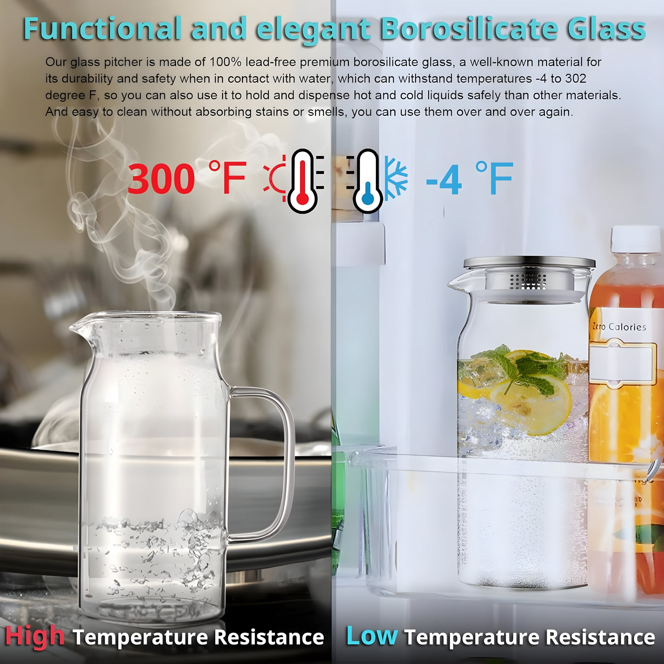 ACDANC 2 Pack 1.2 Liter 40 Oz Small Glass Pitcher with Lid and Handle,Glass Carafe Water Pitcher for Hot/Cold Water,Iced Tea,Drinks,Coffee,Juice and Homemade Beverage