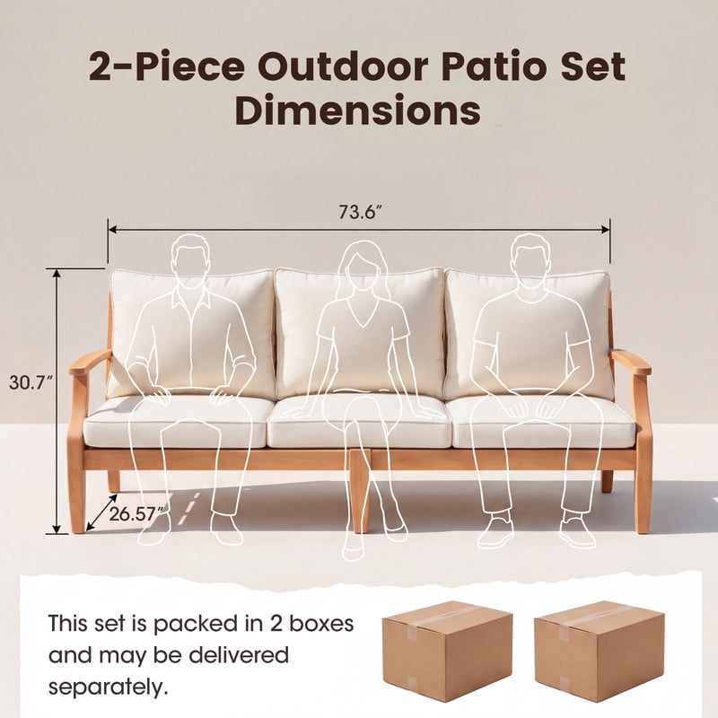 Vineego 3-Seater Patio Conversation Sofa, Eucalyptus Wood Outdoor Sectional Sofa with 4" Thick Cushions, Patio Furniture for Backyard, Deck, Balcony & Porch