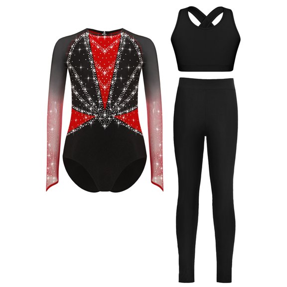 TTAO Gymnastics Leotard for Girls Sparkle Long Sleeve Dance Unitard with Crop Top and Leggings for Competition Red 8