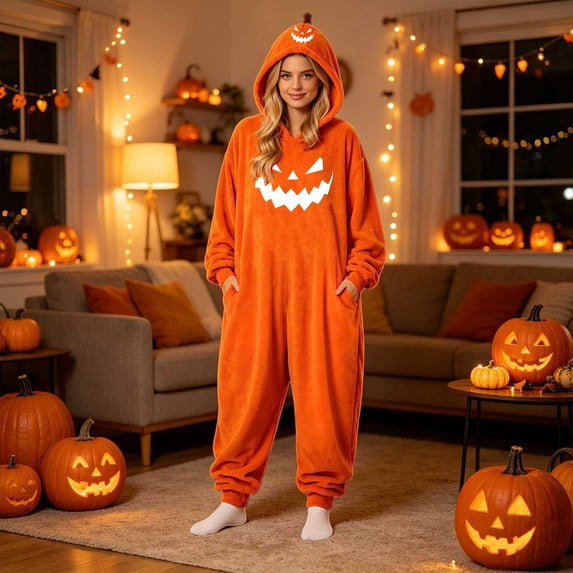 LILIYA Pumpkin Onesie for Women Adult Halloween Jumpsuit Long Sleeve Hooded Pajamas Plush Long Sleeve Flannel Loungewear