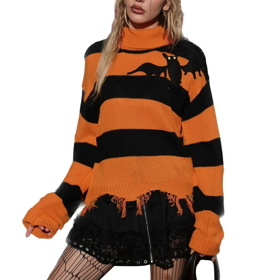SWSMCLT Women's Long Sleeve Pullover Sweaters Halloween Turtle Neck Winter Warm Fall Tops Turtleneck Knitted Knitwear Cute Mock Neck Orange Medium