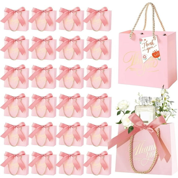 JUMRHFAN 50PCS Small Thank You Gift Bags with Handles, 5.5''x 2.5''x 4.7'' Mini Gift Bags Bulk with Bow Ribbon, Party Favor Bags Candy Bags for Party Wedding Valentine's Day Baby Shower(Pink)