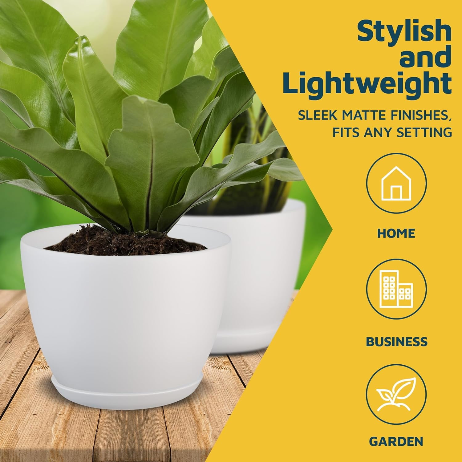 White Plant Pots with Drainage Holes & Saucers 15 Packs, Indoor & Outdoor Stackable Plastic Planters in Multiple Sizes for Houseplants & Flowers, Durable & Weatherproof Materials, Matte Finish