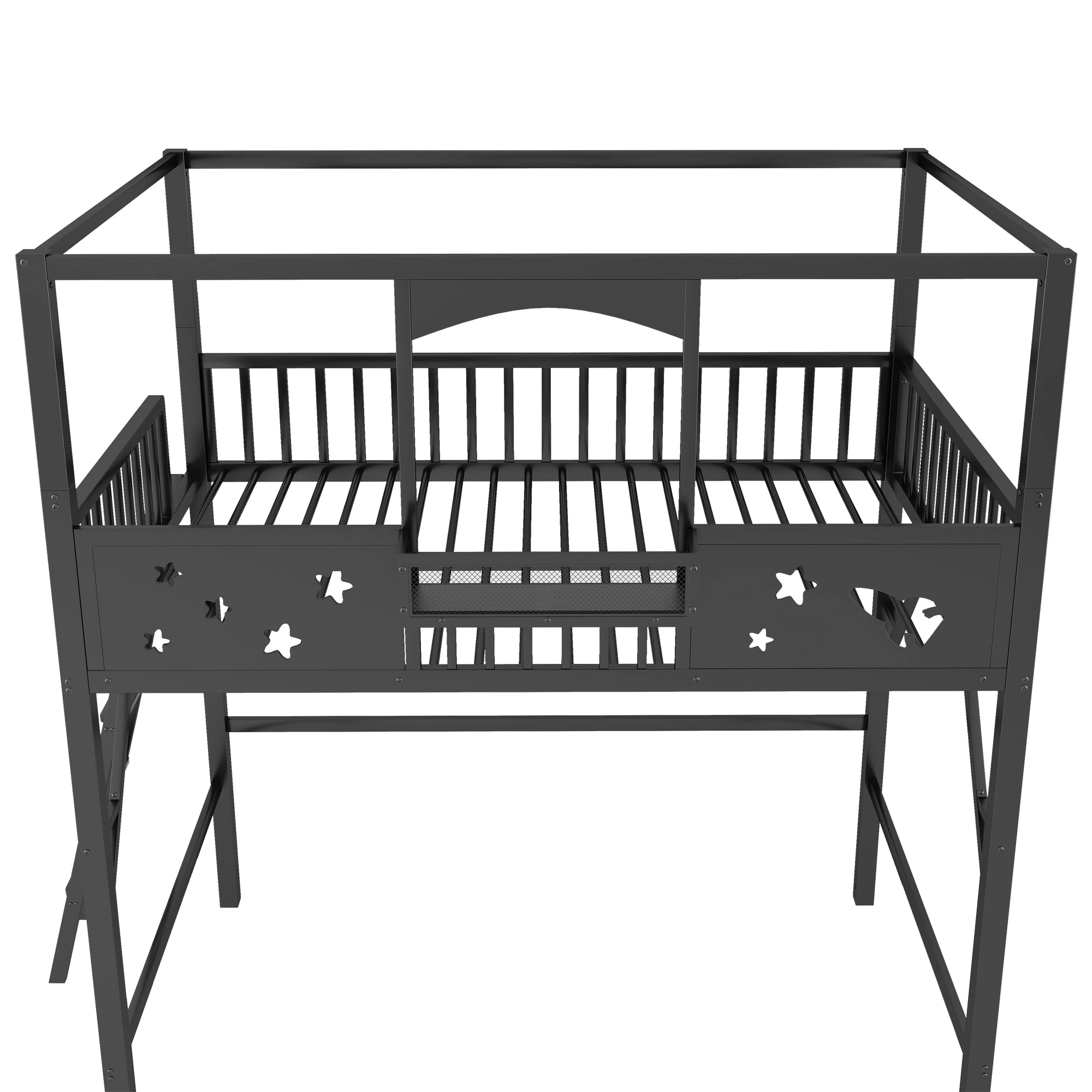 Leumius Full Size Loft Bed with Ladder and Storage Shelves,Metal High Loft Bed for Bedroom,Black
