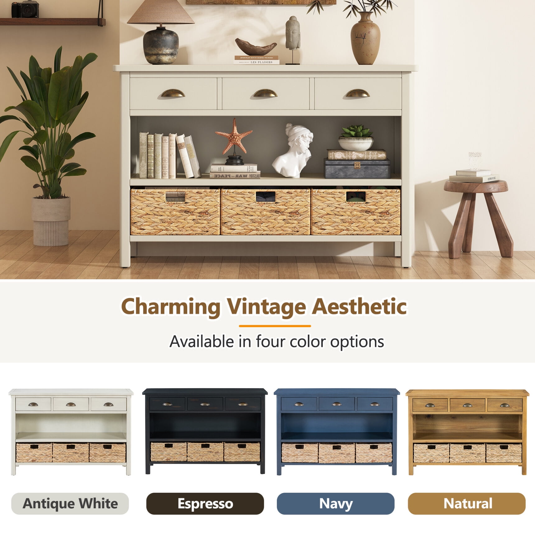 47" Retro Console Table with 3 Storage Drawers, Entryway Table with 3 Water Hyacinth Woven Baskets and Shelf, Wooden Buffet Cabinet for Entryway Hallway Living Room, Antique White