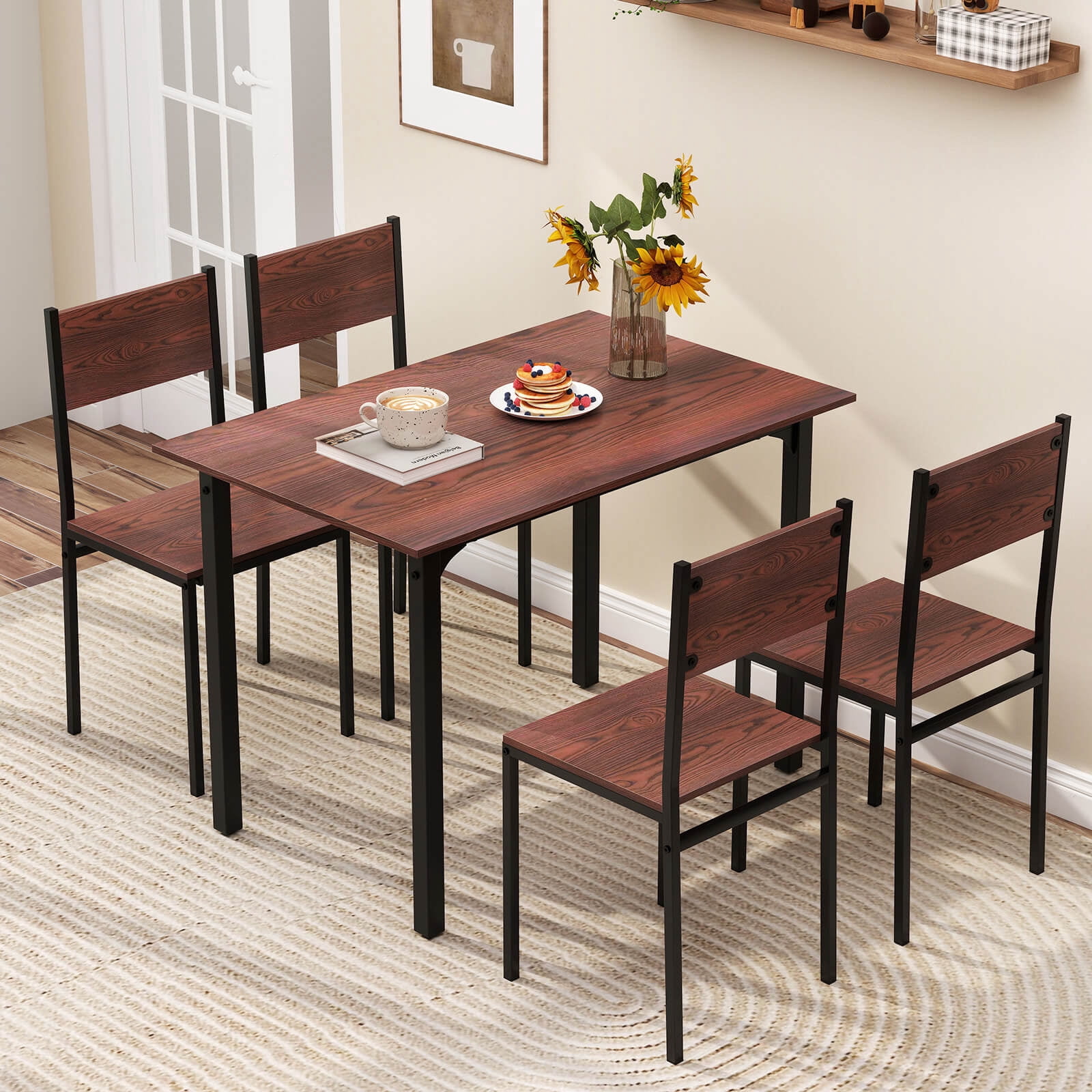 Costway 5 PCS Dining Table Set Industrial Style Kitchen Table & Chairs for 4 Dark Brown