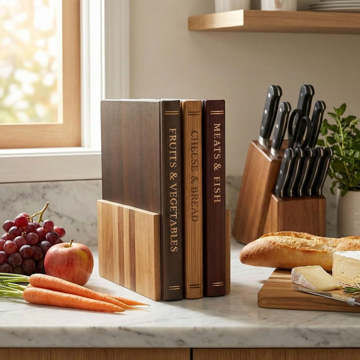 Library Cutting Board Set, Wood Book Cutting Boards with Stand, Decorative Cutting Boards for Kitchen Display, Acacia Wooden Chopping Board Set of 3