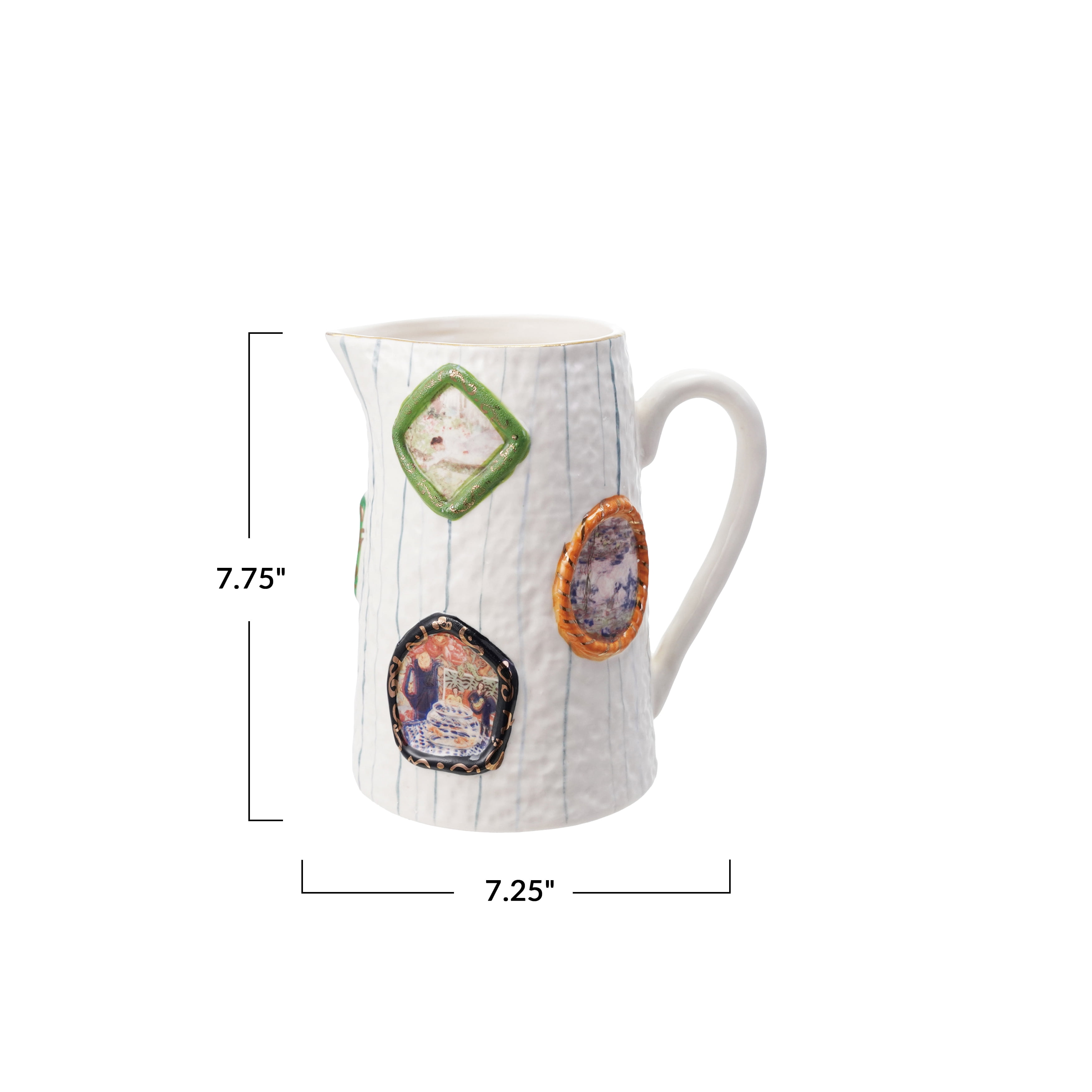 Creative Co-Op 60-Ounce Embossed Hand-Painted Stoneware Pitcher with Picture Frames and Gold Electroplating, Multicolor