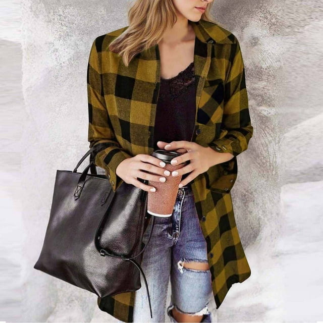 Ailaofu Women's Oversized Button Down Long Plaid Shirts Lapel Long Sleeve Check Jacket Shacket