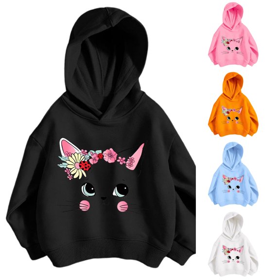 CUZIBR Toddler Baby Girls Baggy Hoodie Oversized Cat Graphic Pullover Sweatshirt With Pocket Long Sleeve School Outdoor Casual Daily Lovely Fall Winter Tops,Black,5-6 Years