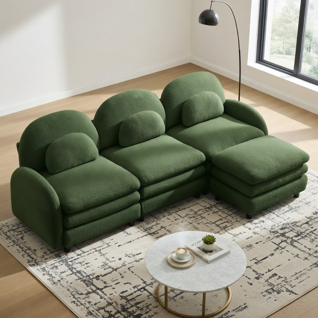 Hommoo Teddy Fleece 3-Seat Modular Sofa Set with Curved Backrest, Movable Ottoman & Lumbar Pillows, Cloud-Like Comfort Couch, Green