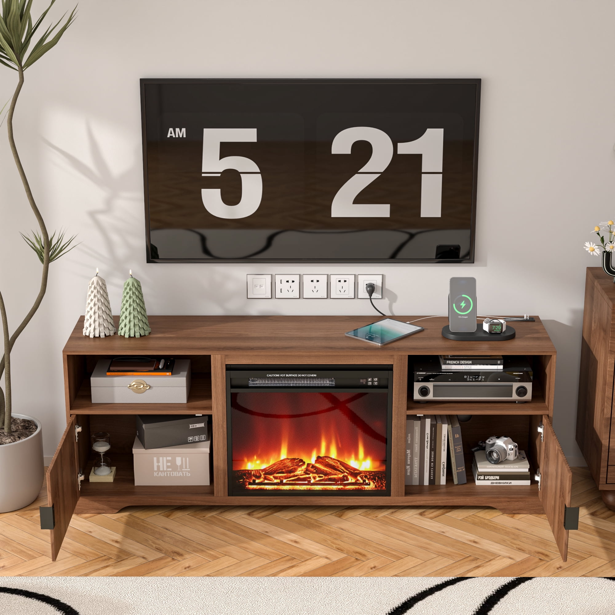 Lisicues Fireplace TV Stand for 80 Inch TV, 68" Farmhouse Entertainment Center with 23" Electric Fireplace Heater, Wood Media Console Cabinet with Storage Shelves & Cord Holes for Living Room Bedroom