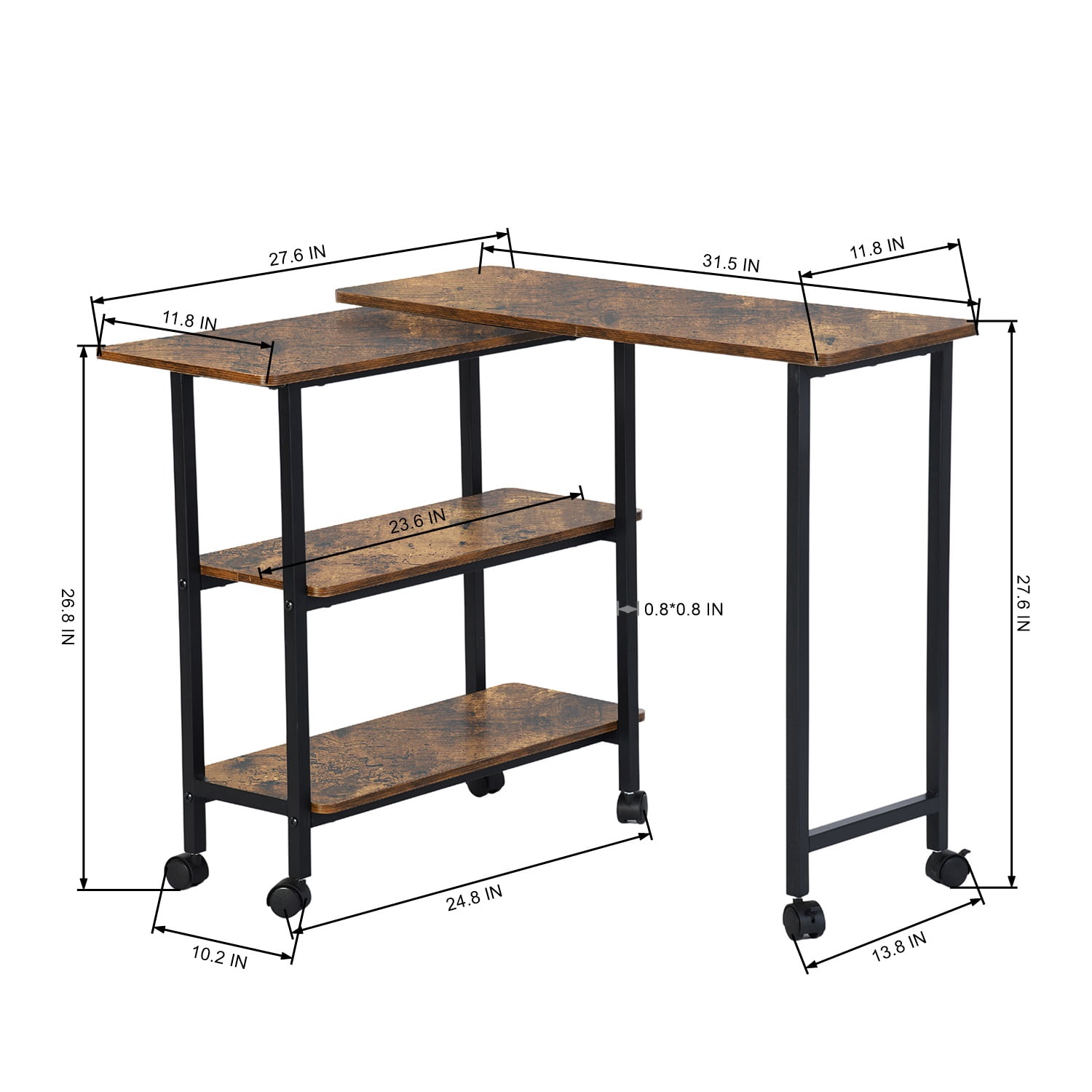 360° Rotating Side Table, Mobile End Table with 2-Tier Storage Shelves, Swivel Rolling Desk with 6 Lockable Wheels, Movable Laptop Table Couch Snack Table for Home