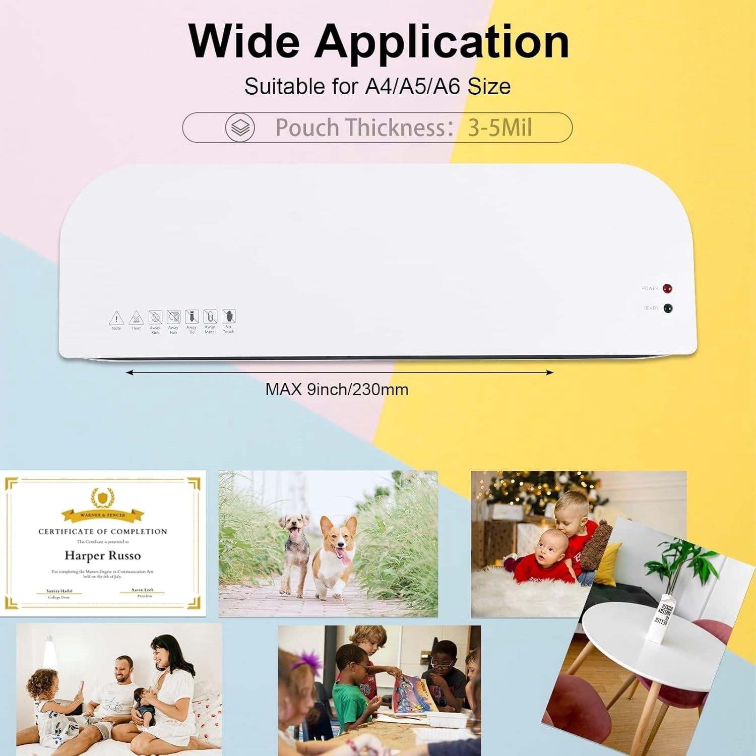 Laminater Machine, 9 Inch Thermal Laminater Machine, 4 in 1 Personal Desktop Cold Laminator with Paper Cutter, Corner Rounder and 15 pcs Laminating Pouches, for Office School, Business, Home Use
