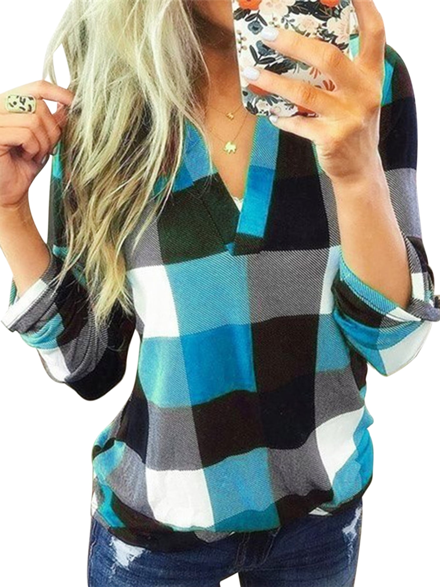 Plaid Roll Up Pullover Tops 