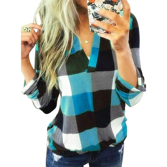 Oversized Women Long Sleeve V-Neck Plaid Pullover Jumper Top Shirt Ladies Plus Size Popover Color Block Shirt Blouse Checked Baggy T-Shirt Size S-5XL