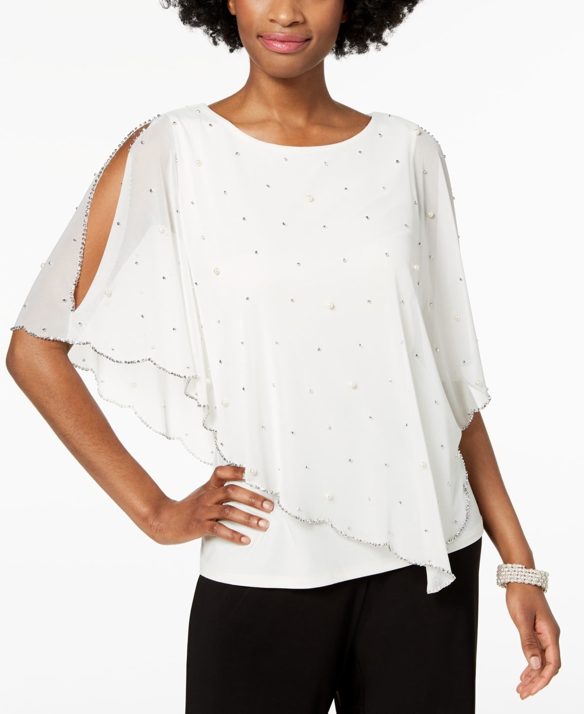 トップス MsK MSK Women's Embellished Asymmetrical Overlay Top -White Size