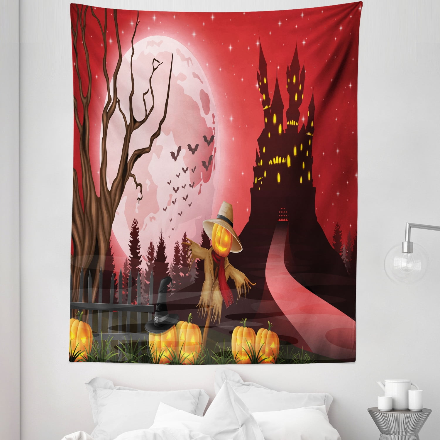 Scarecrow Tapestry, Halloween Themed Illustration with Haunted Chateau at  Scary Atmosphere Pumpkins, Fabric Wall Hanging Decor for Bedroom Living Room  Dorm, Sizes, Multicolor, by Ambesonne