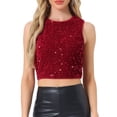 thumbnail image 1 of INSPIRAR CHIC Top sin mangas de lentejuelas para mujeres, blusa corta de cuello redondo, brillante y chispeante, para fiestas y salidas nocturnas, color rojo M, 1 of 6